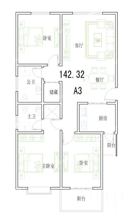 A3戶型 142.32㎡ 3室2廳