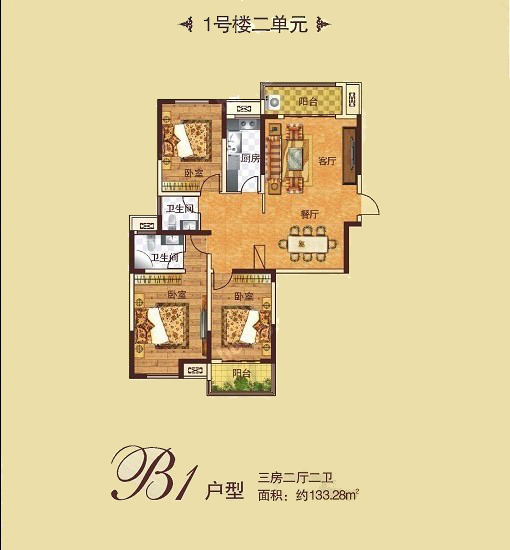 1# B1戶型 三室兩廳兩衛 133.28㎡